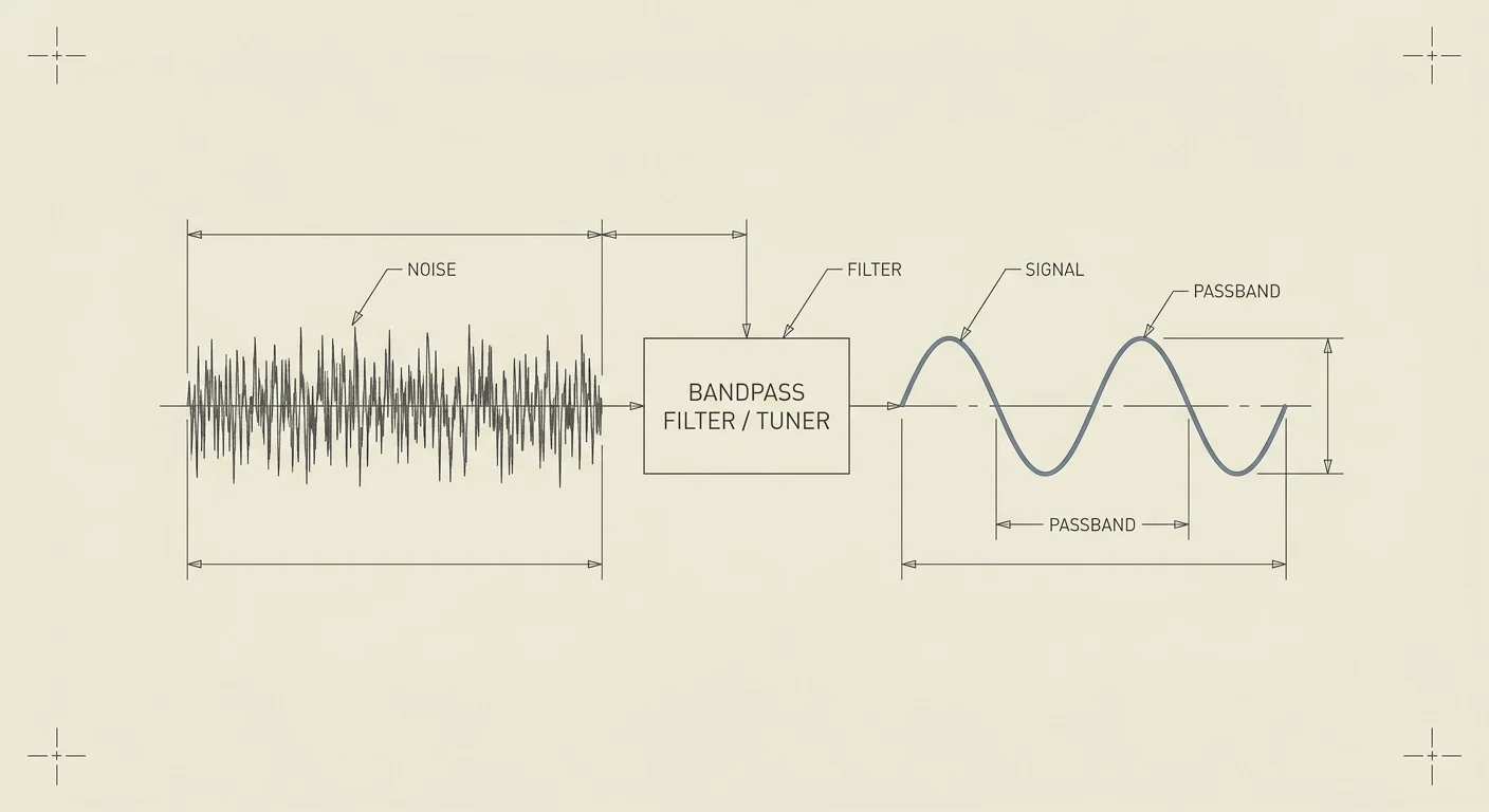Blueprint: a noisy waveform filtered through a tuner into a clean recovered signal