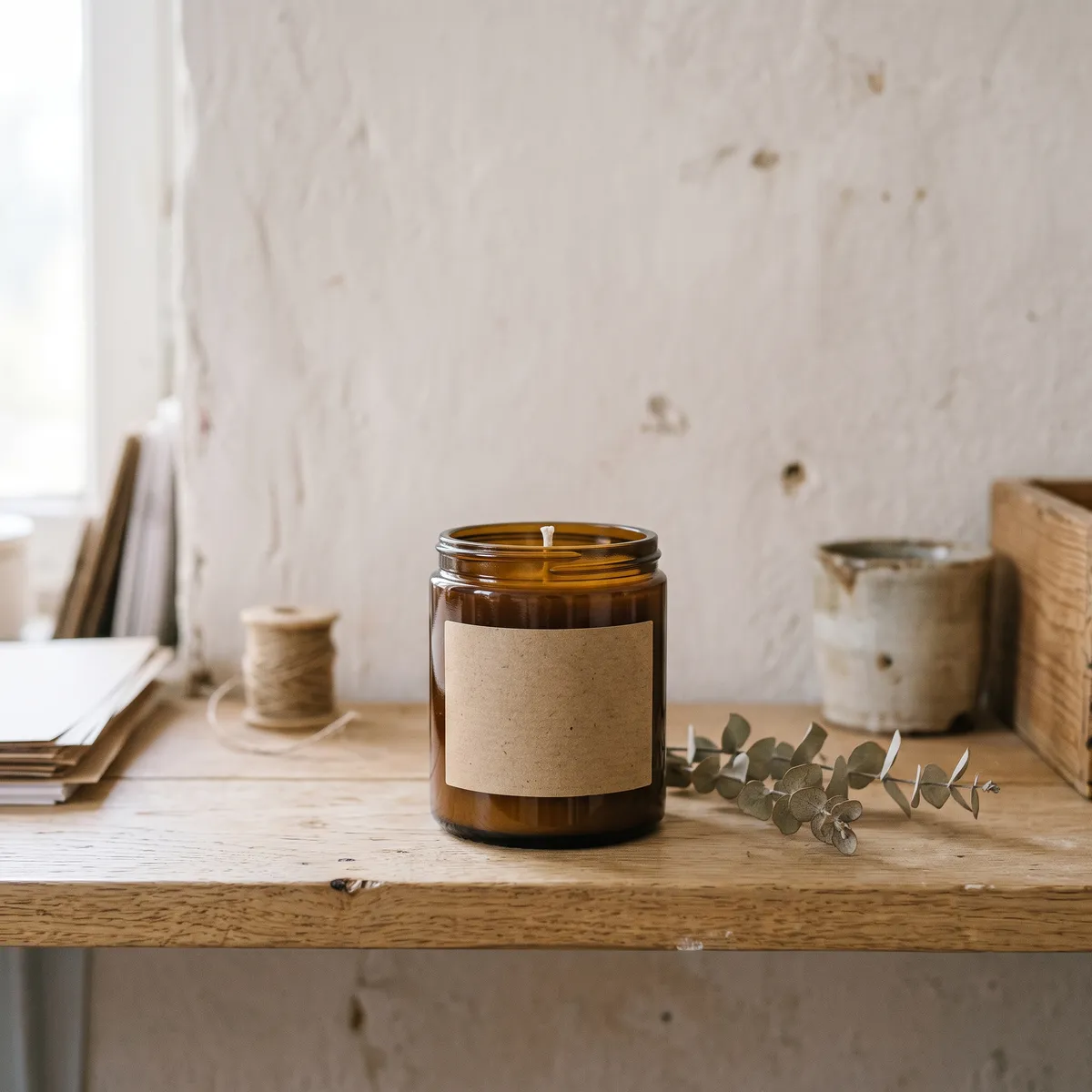 A hand-poured candle in an amber jar on a wooden shelf: Hearth & Wick's own product photo.