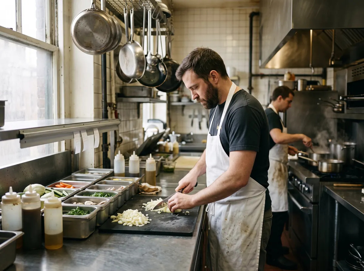 A restaurant kitchen during afternoon prep.