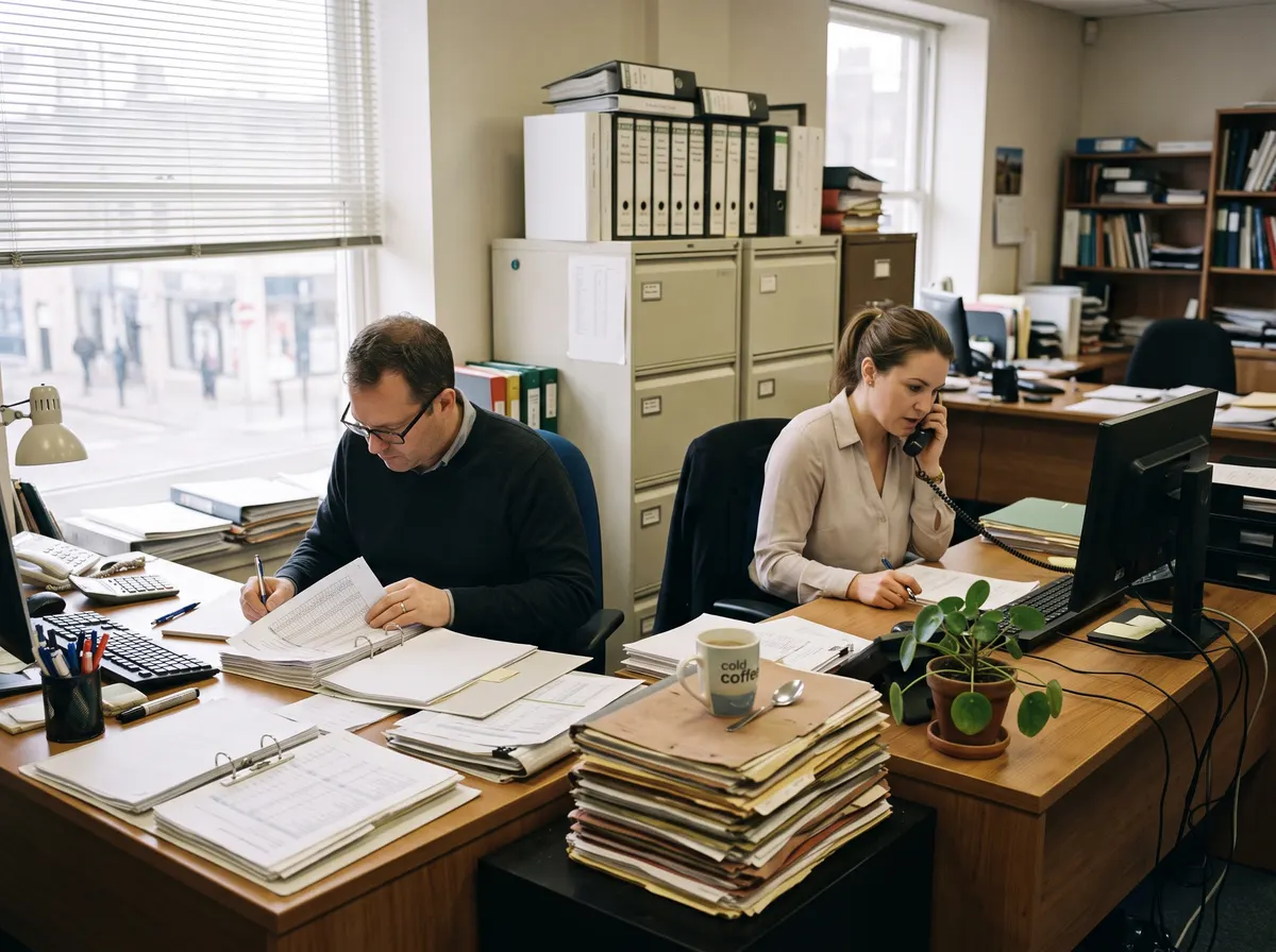 A small accounting office, two people at their desks.