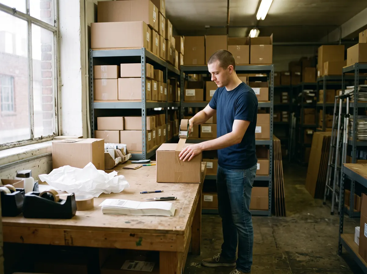 The packing station of an online store's stockroom.