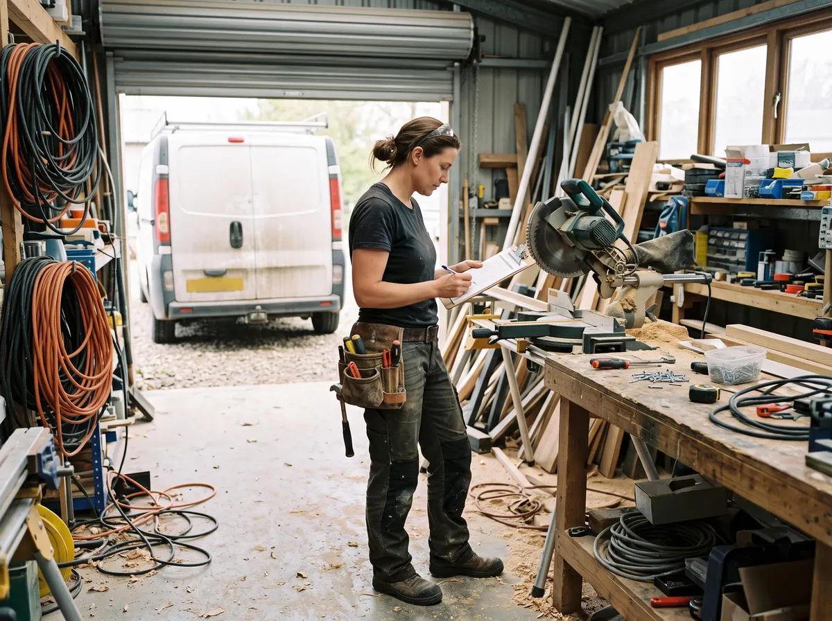 A contractor checking a job sheet in her workshop.