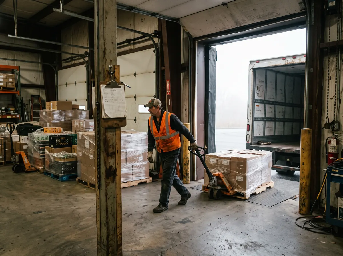 A loading dock at a small distribution warehouse.