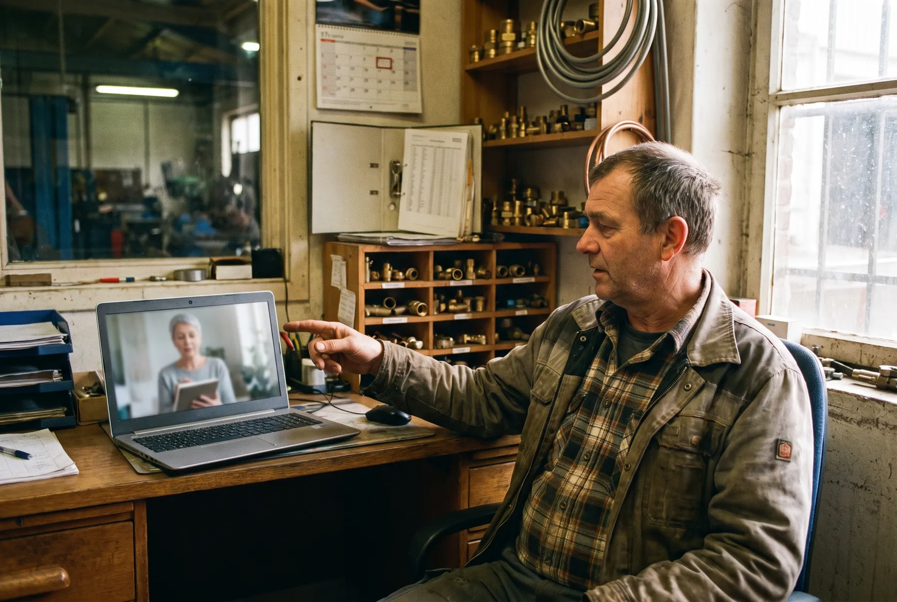 A workshop owner at his desk, mid-conversation on a video call with one of our team.