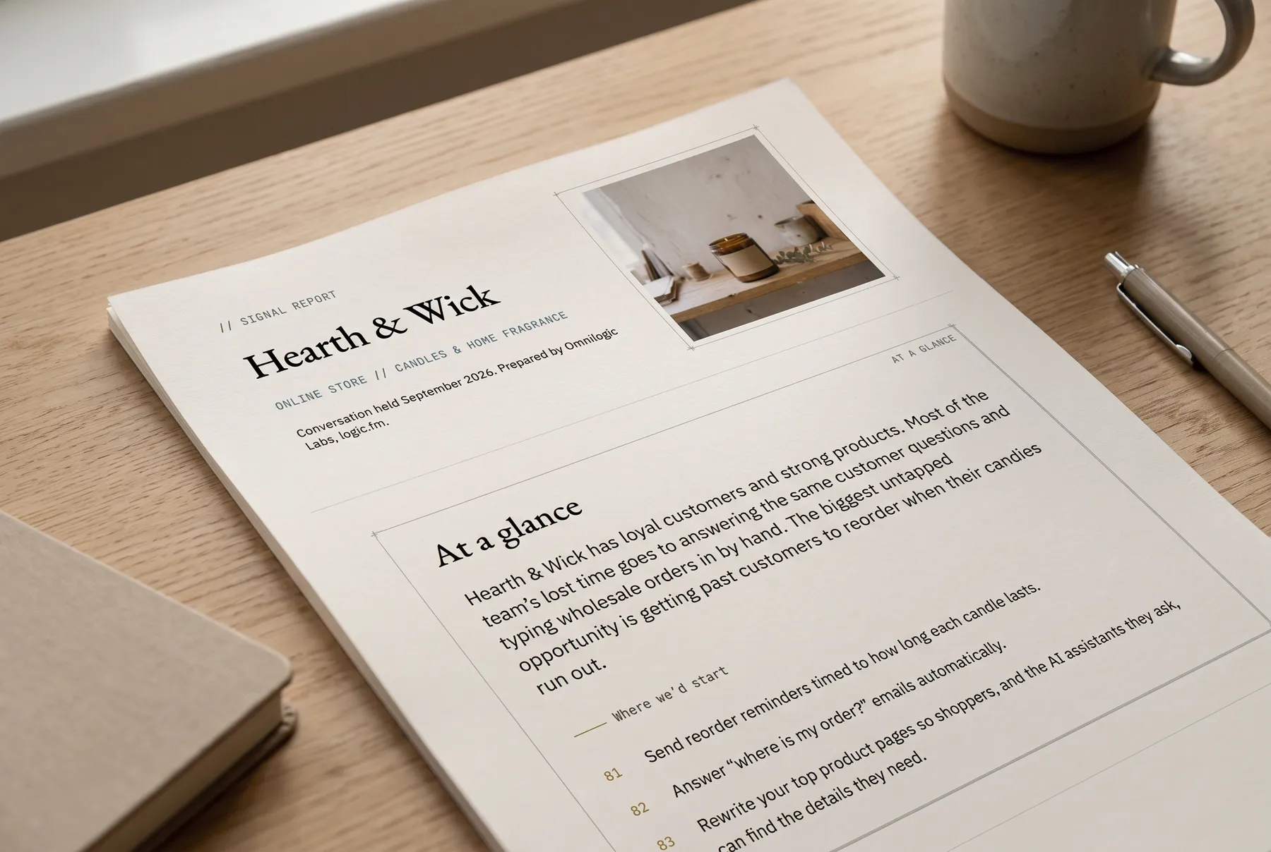 The first page of an example Signal Report, printed and lying on a desk. The report is for Hearth & Wick, a fictional candle store.